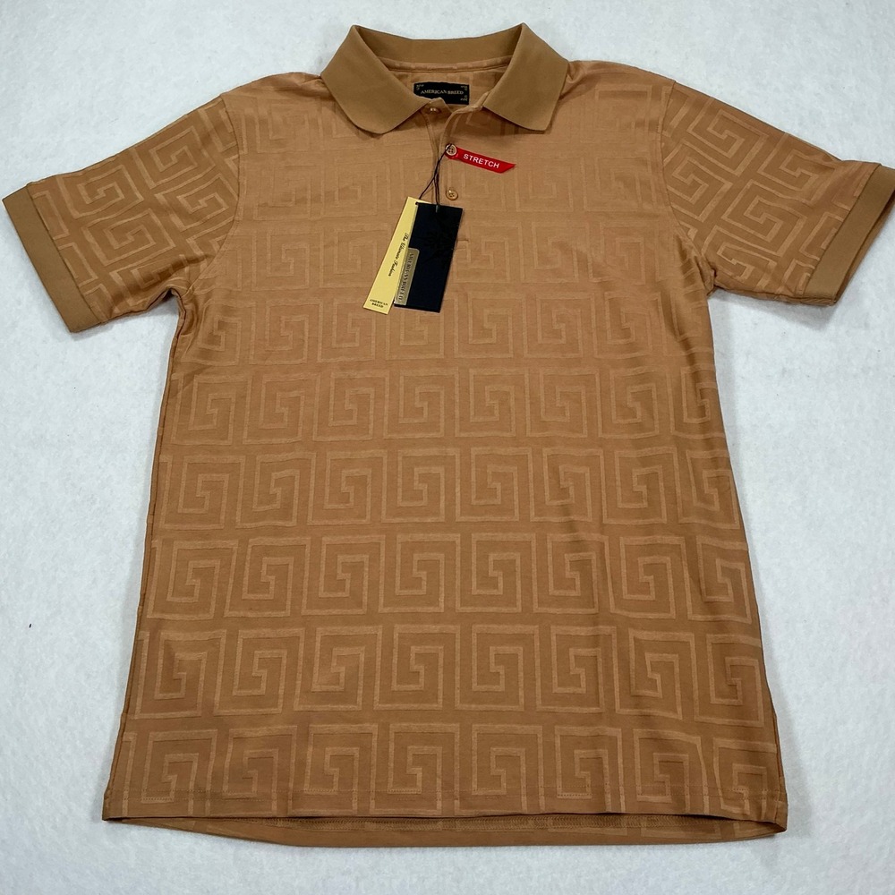 American Breed Mens Khaki Greek Key Jacquard Polo Shirt ARHJQ-18 Stretch Large